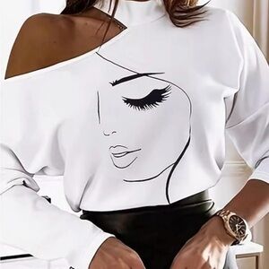 White Off-Shoulder Graphic pullover Top